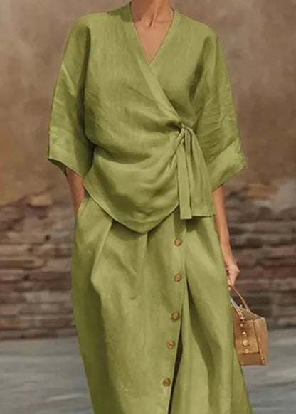 Women's Two-Piece Set V Neck Tie Waist Top and Maxi Skirt Half Sleeve 4