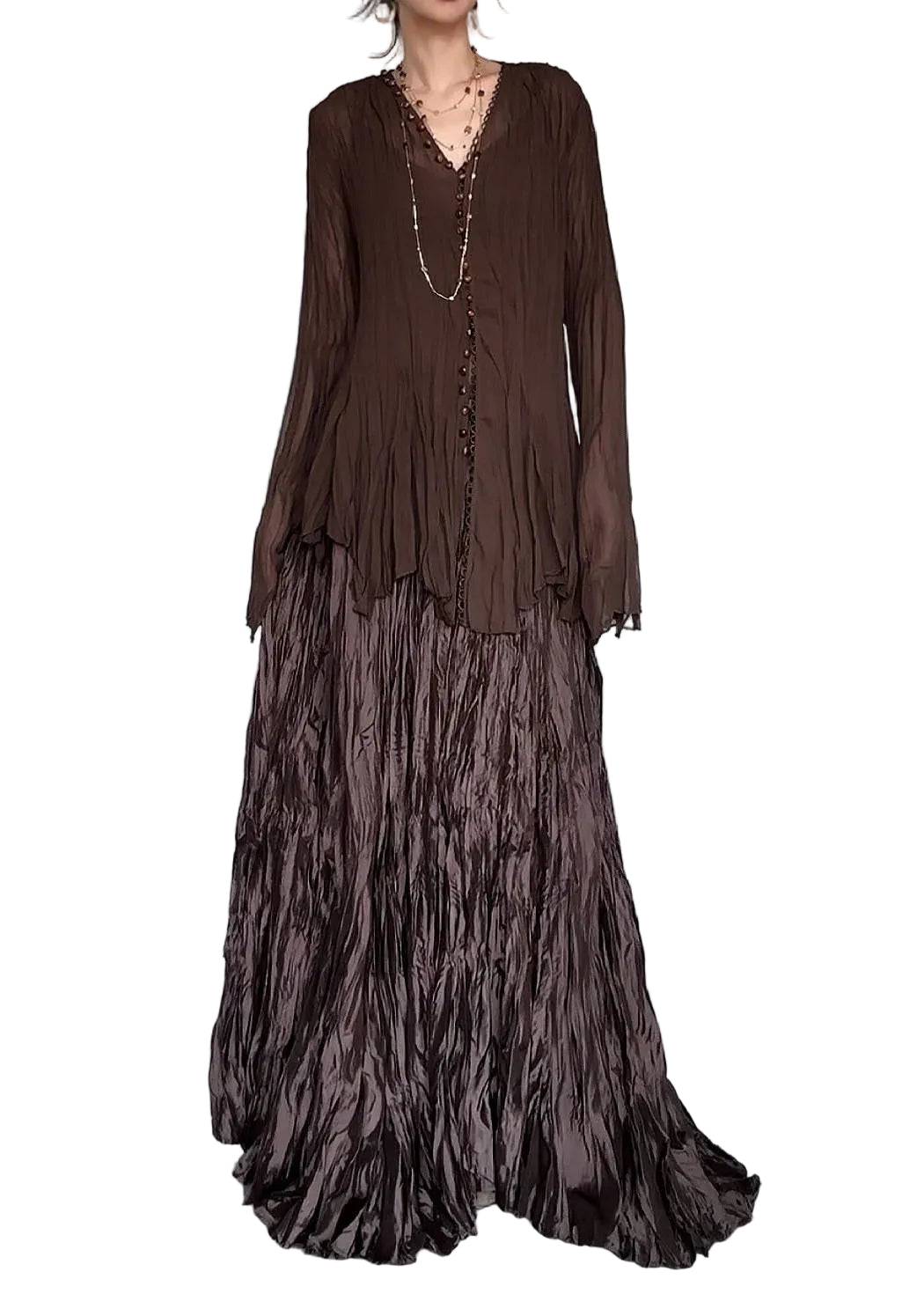 Women's Two-Piece Set V Neck Top and Maxi Skirt Vintage Style 0