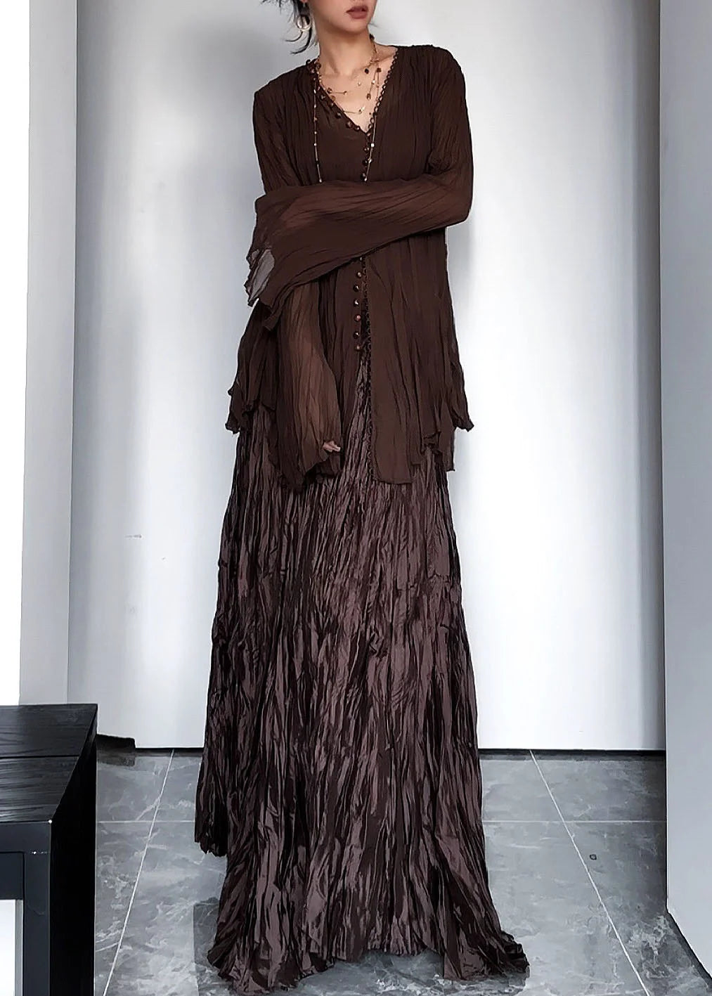 Women's Two-Piece Set V Neck Top and Maxi Skirt Vintage Style 2
