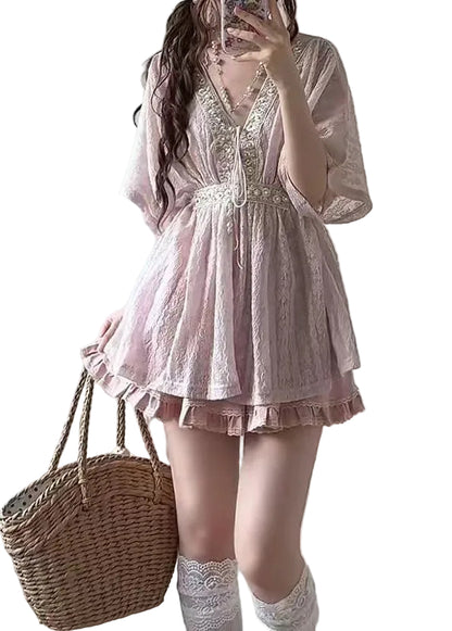 Women's Two-Piece Suit Set V Neck Lace Up 0
