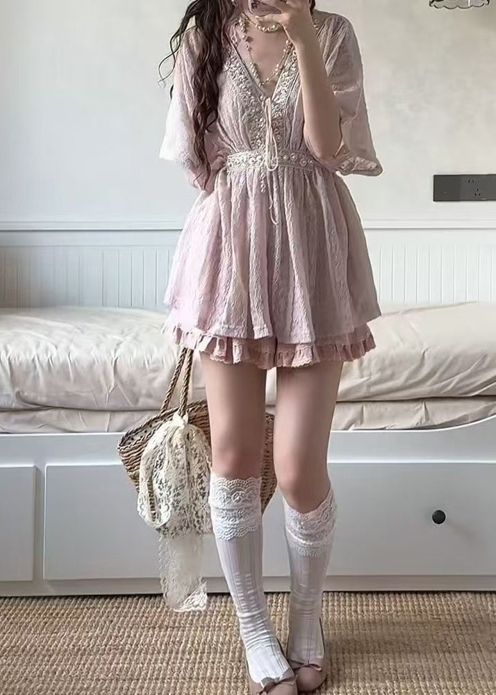 Women's Two-Piece Suit Set V Neck Lace Up 1