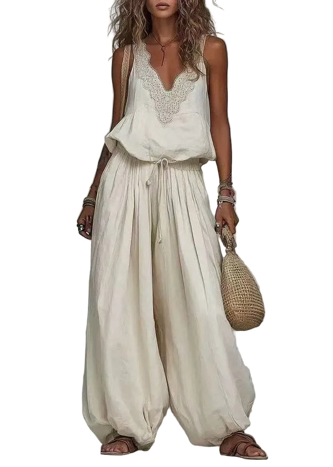 Women's Two Piece Set Boho Style with V-Neck Top and Matching Bottoms 0