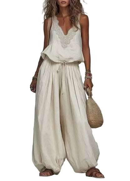 Women's Two Piece Set Boho Style with V-Neck Top and Matching Bottoms 0