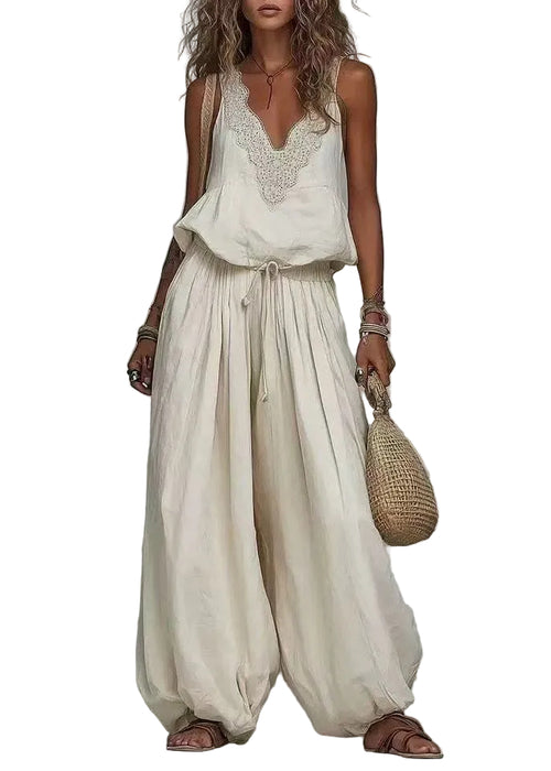 Women's Two Piece Set Boho Style with V-Neck Top and Matching Bottoms 0
