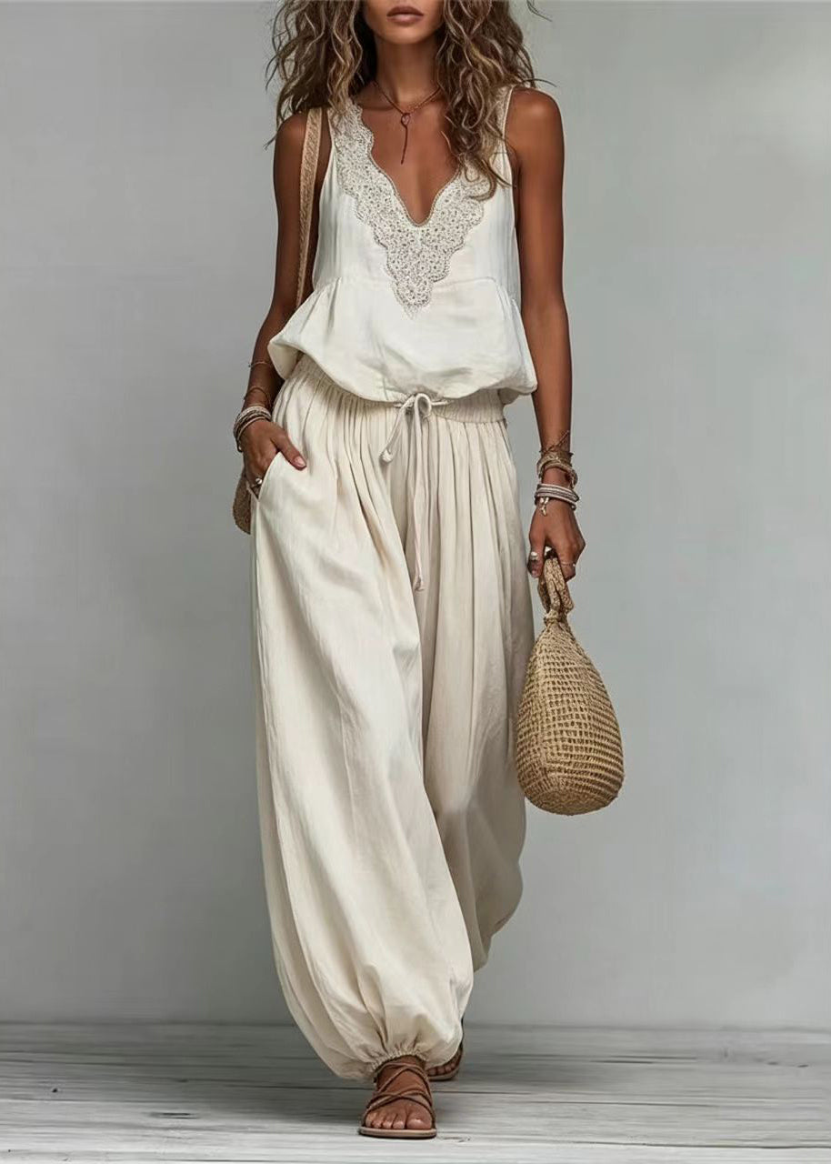 Women's Two Piece Set Boho Style with V-Neck Top and Matching Bottoms 1