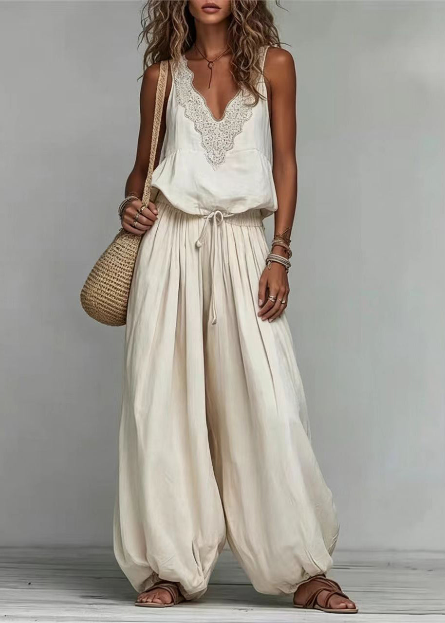 Women's Two Piece Set Boho Style with V-Neck Top and Matching Bottoms 2
