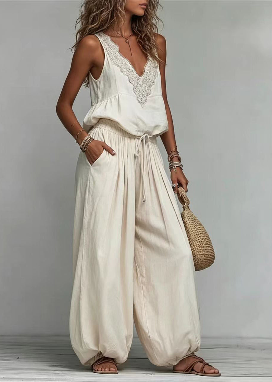 Women's Two Piece Set Boho Style with V-Neck Top and Matching Bottoms 3