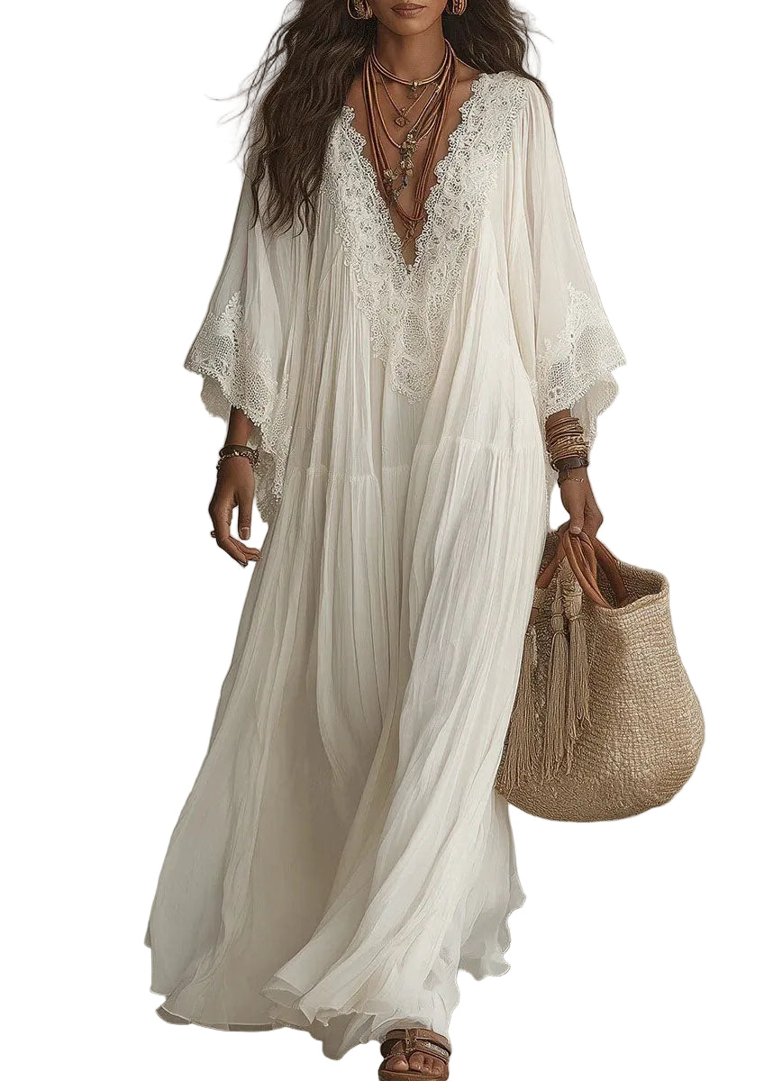 Women's V Neck Dress Patchwork Lace Design 0