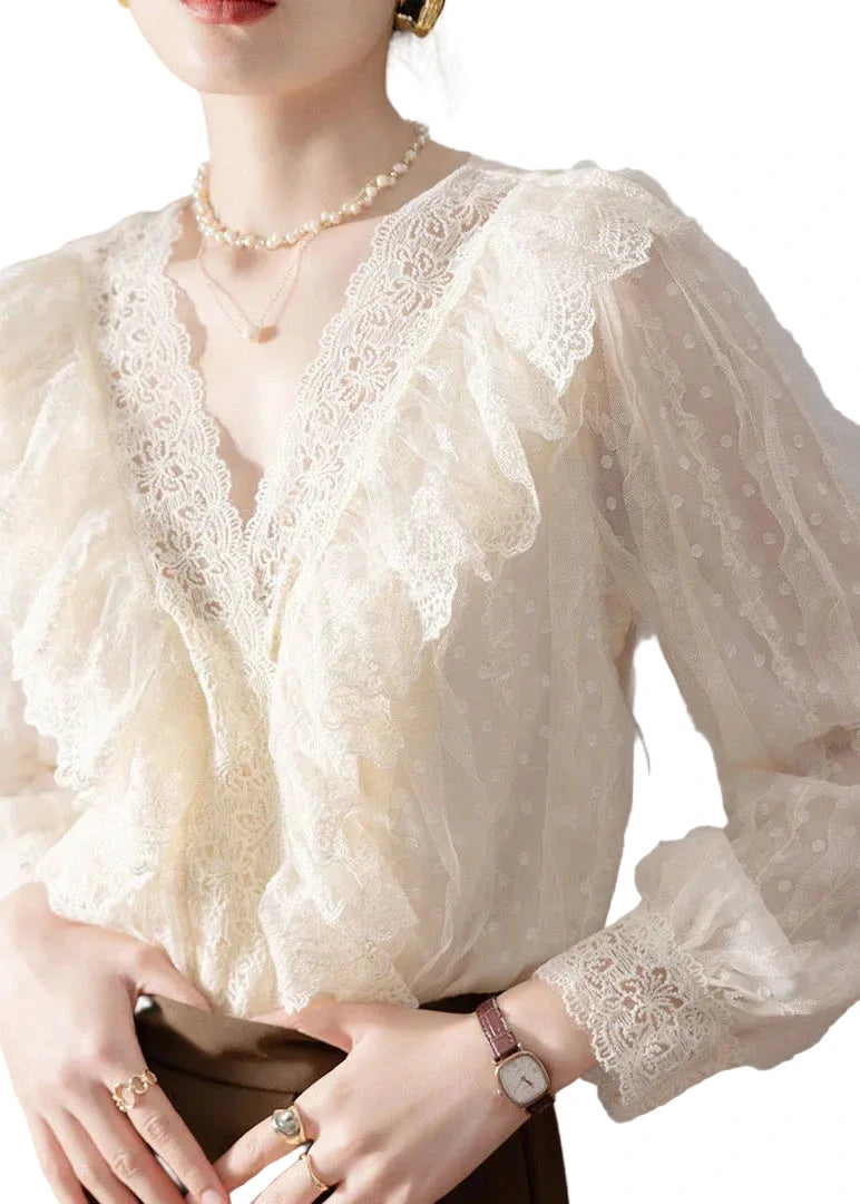 Women's V Neck Lace Patchwork Shirt Long Sleeve 0