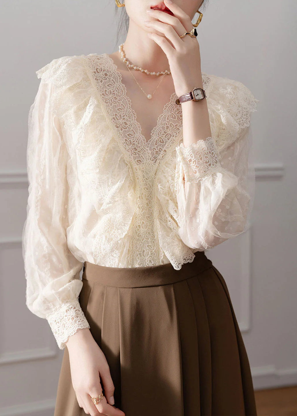 Women's V Neck Lace Patchwork Shirt Long Sleeve 1