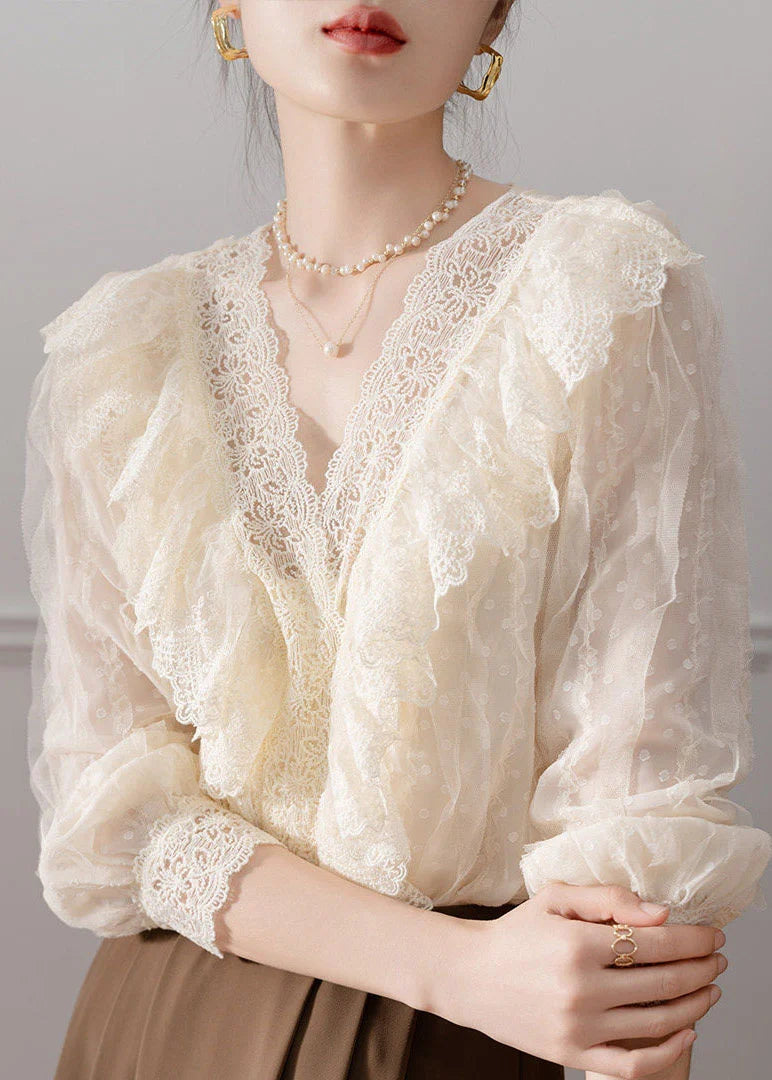 Women's V Neck Lace Patchwork Shirt Long Sleeve 2
