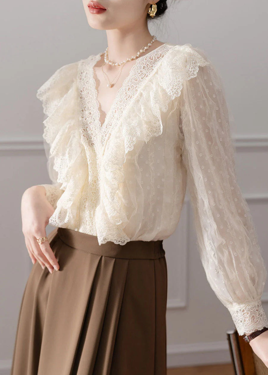Women's V Neck Lace Patchwork Shirt Long Sleeve 3