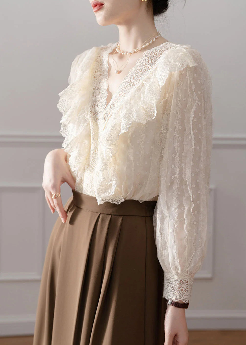Women's V Neck Lace Patchwork Shirt Long Sleeve 4