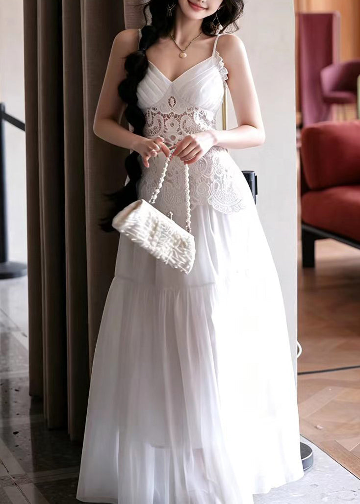 Women's V Neck Patchwork Lace Dress Summer Style 0