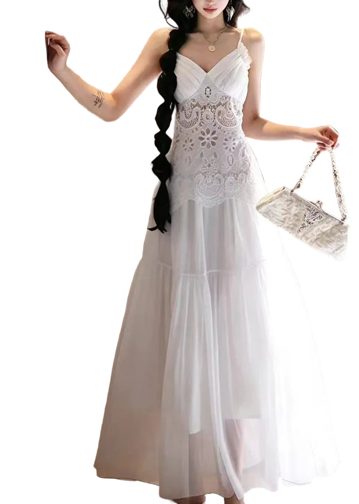 Women's V Neck Patchwork Lace Dress Summer Style 2