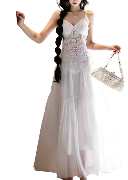 Women's V Neck Patchwork Lace Dress Summer Style 2