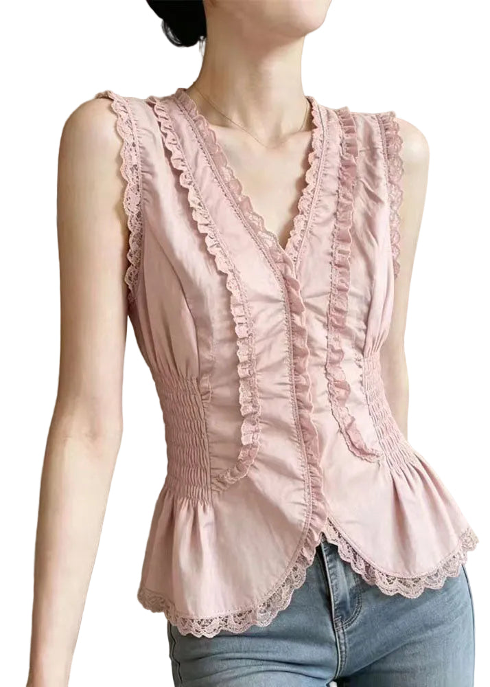 Women's V Neck Patchwork Lace Top Summer Style 0