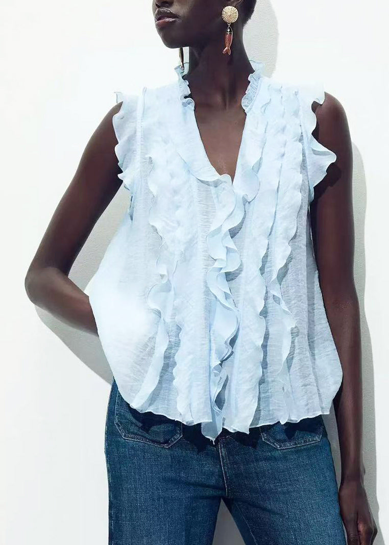 Women's V Neck Ruffled Shirt Light Blue Summer Style 0