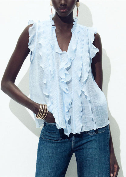 Women's V Neck Ruffled Shirt Light Blue Summer Style 1