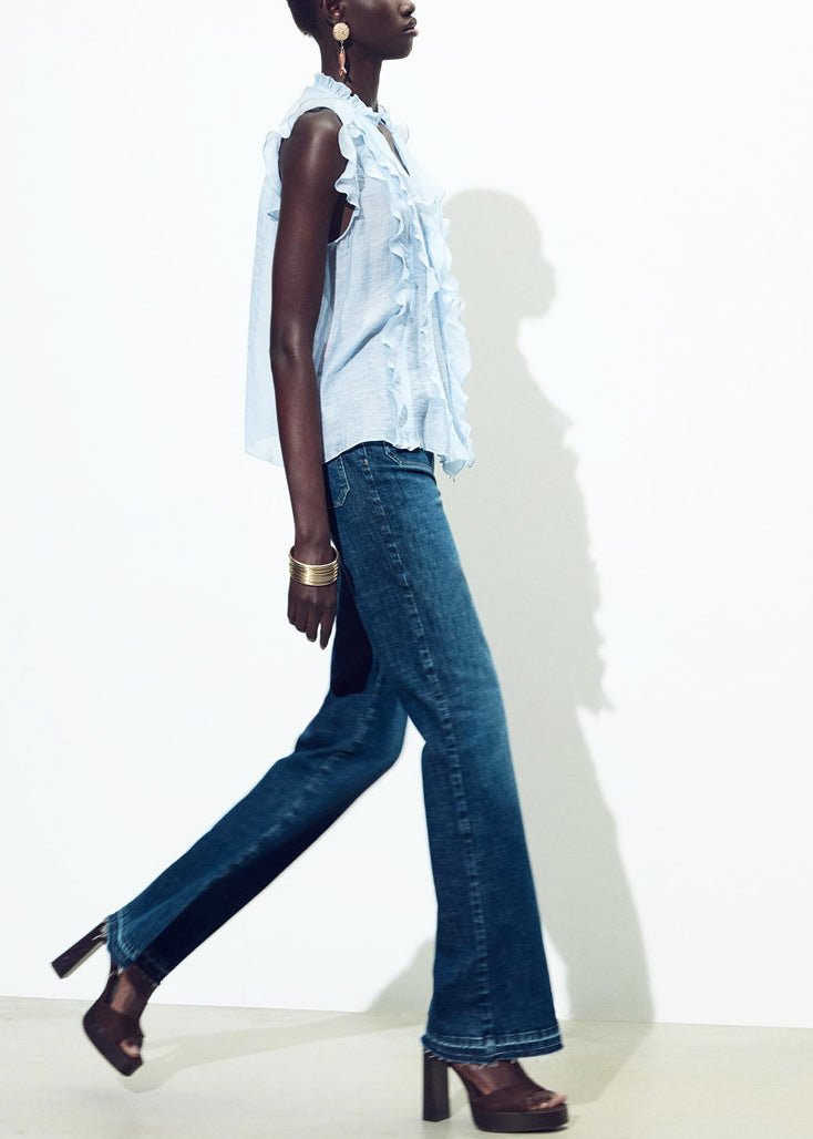 Women's V Neck Ruffled Shirt Light Blue Summer Style 2