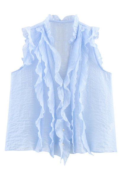 Women's V Neck Ruffled Shirt Light Blue Summer Style 4