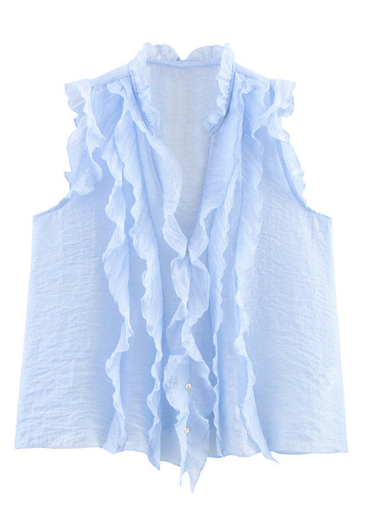 Women's V Neck Ruffled Shirt Light Blue Summer Style 4