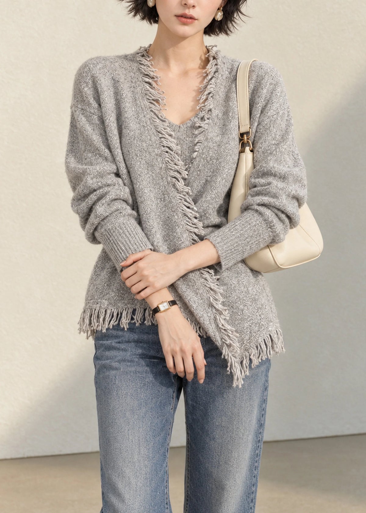 Women's V Neck Sweater Tassel Asymmetrical Design 1
