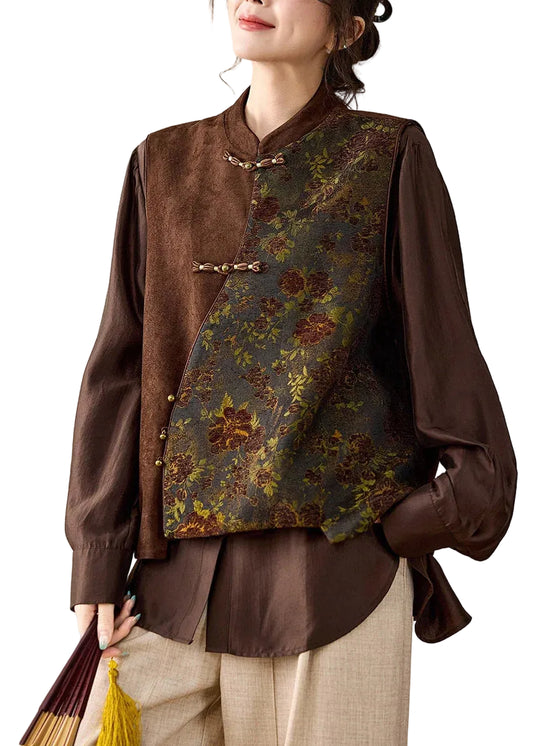 Women's Waistcoat Stand Collar Asymmetrical Patchwork Style 0