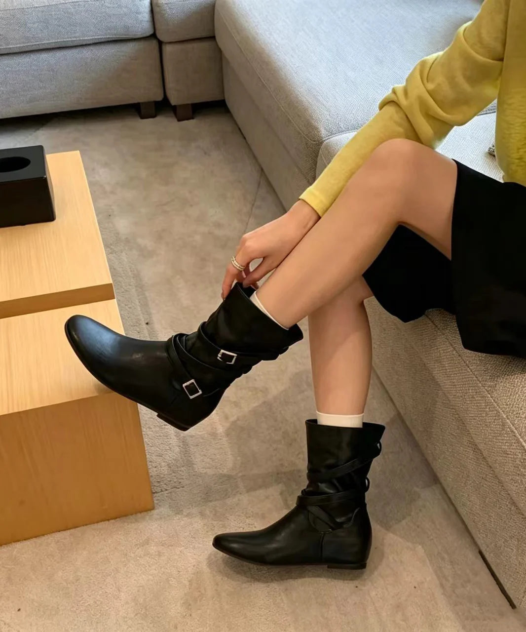 Women's Wedge Boots Slouch Style with Buckle Strap 3