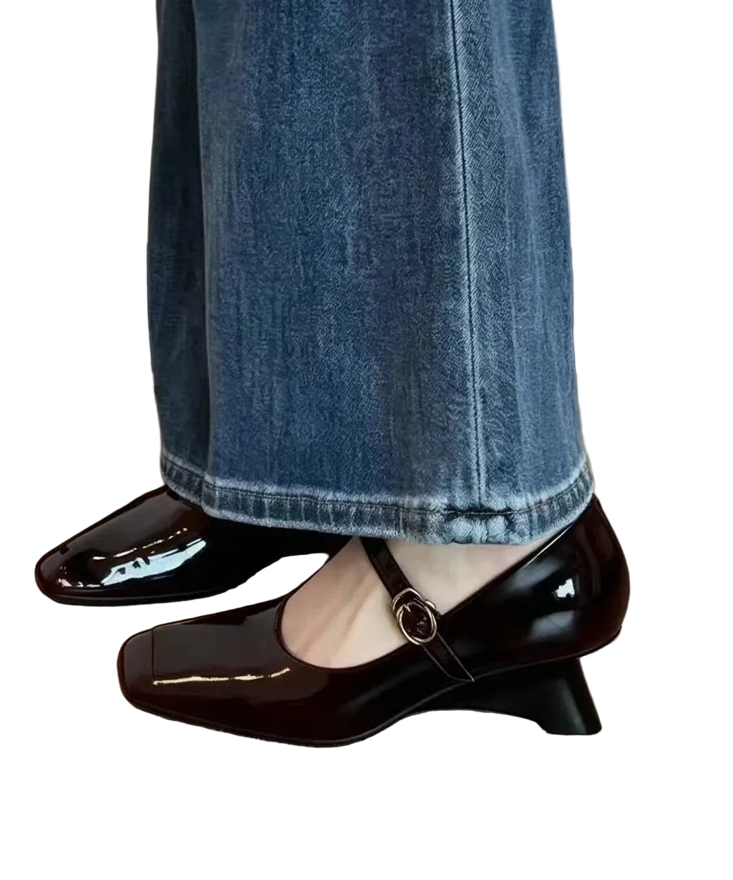 Women's Wedge Mary Janes Square Toe Buckle Strap 1