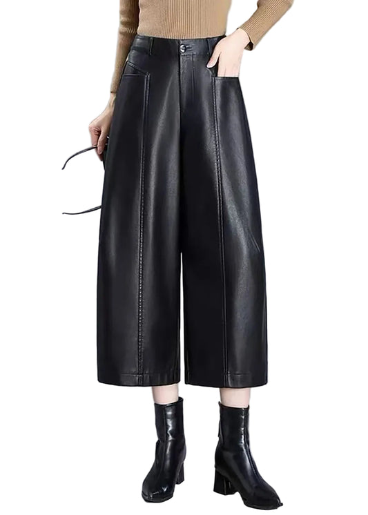 Women's Wide Leg Crop Pants High Waist with Pockets 0