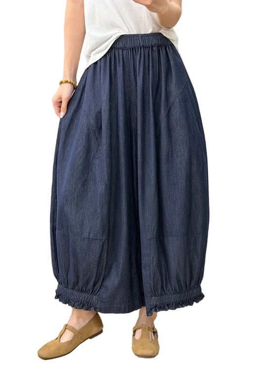 Women's Wide Leg Denim Pants Patchwork Ruffled Pockets 0