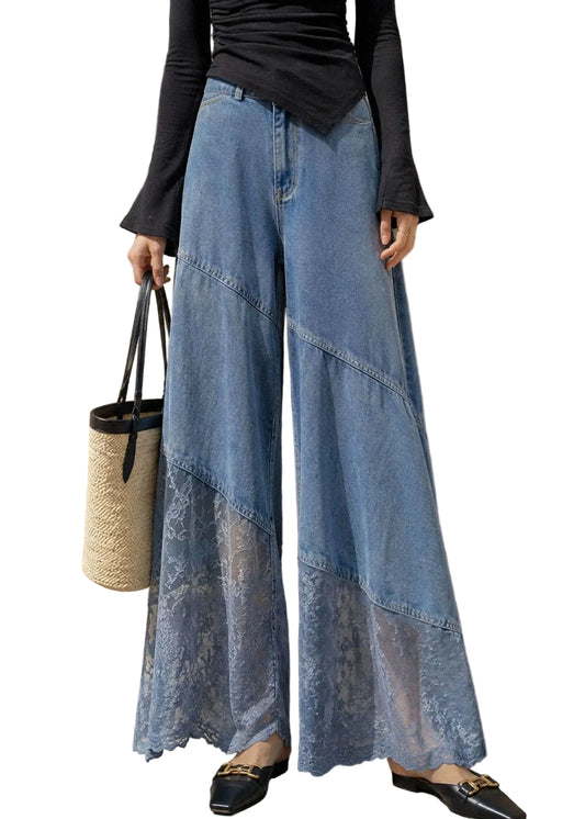 Women's Wide Leg Jeans High Waist Lace Patchwork 0