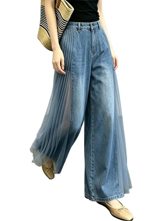 Women's Wide Leg Jeans High Waist Patchwork Style 0