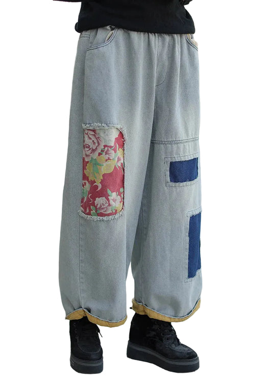 Women's Wide Leg Jeans with Elastic Waist and Patch Pockets 0