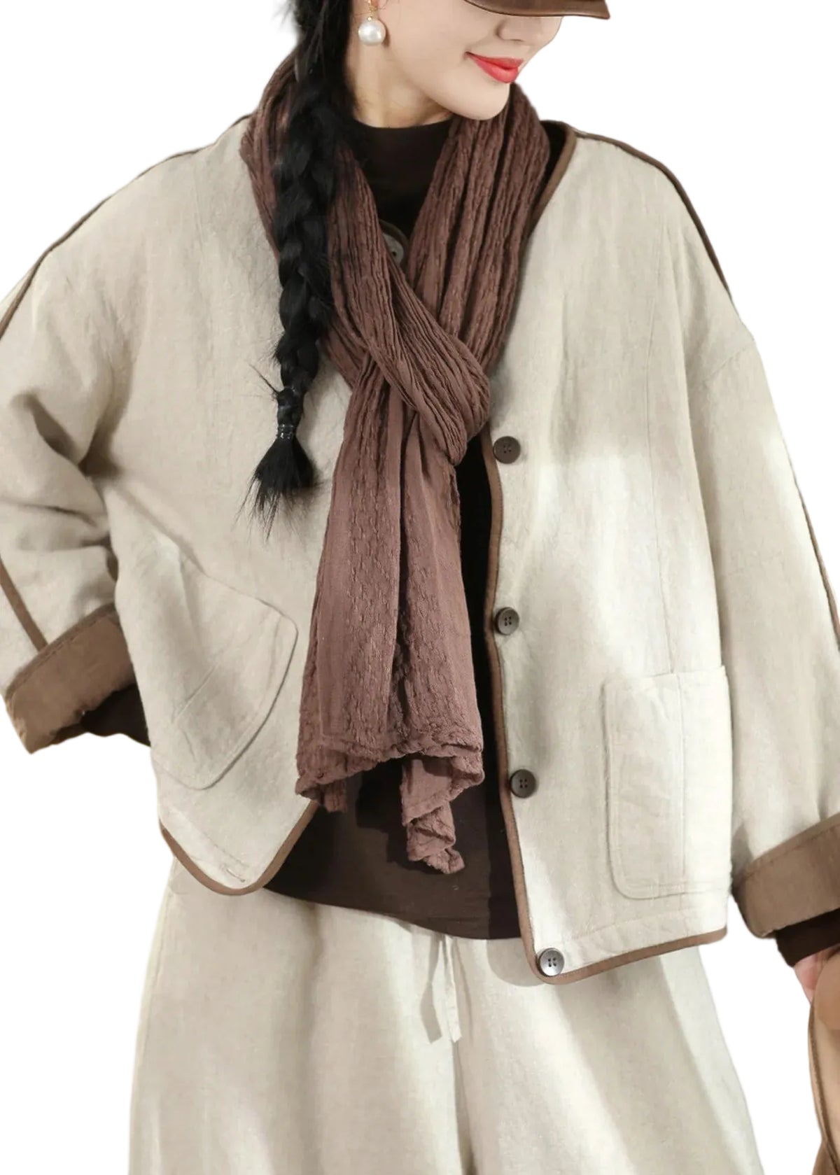 Women's Winter Coat Loose Fit Button Patchwork 0