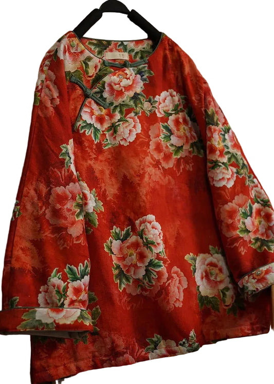 Women's Winter Coat Oriental Button Print 0
