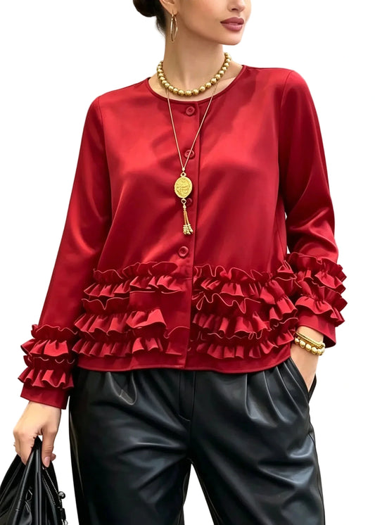 Women's Winter Coat Ruffled Patchwork Long Sleeve 0