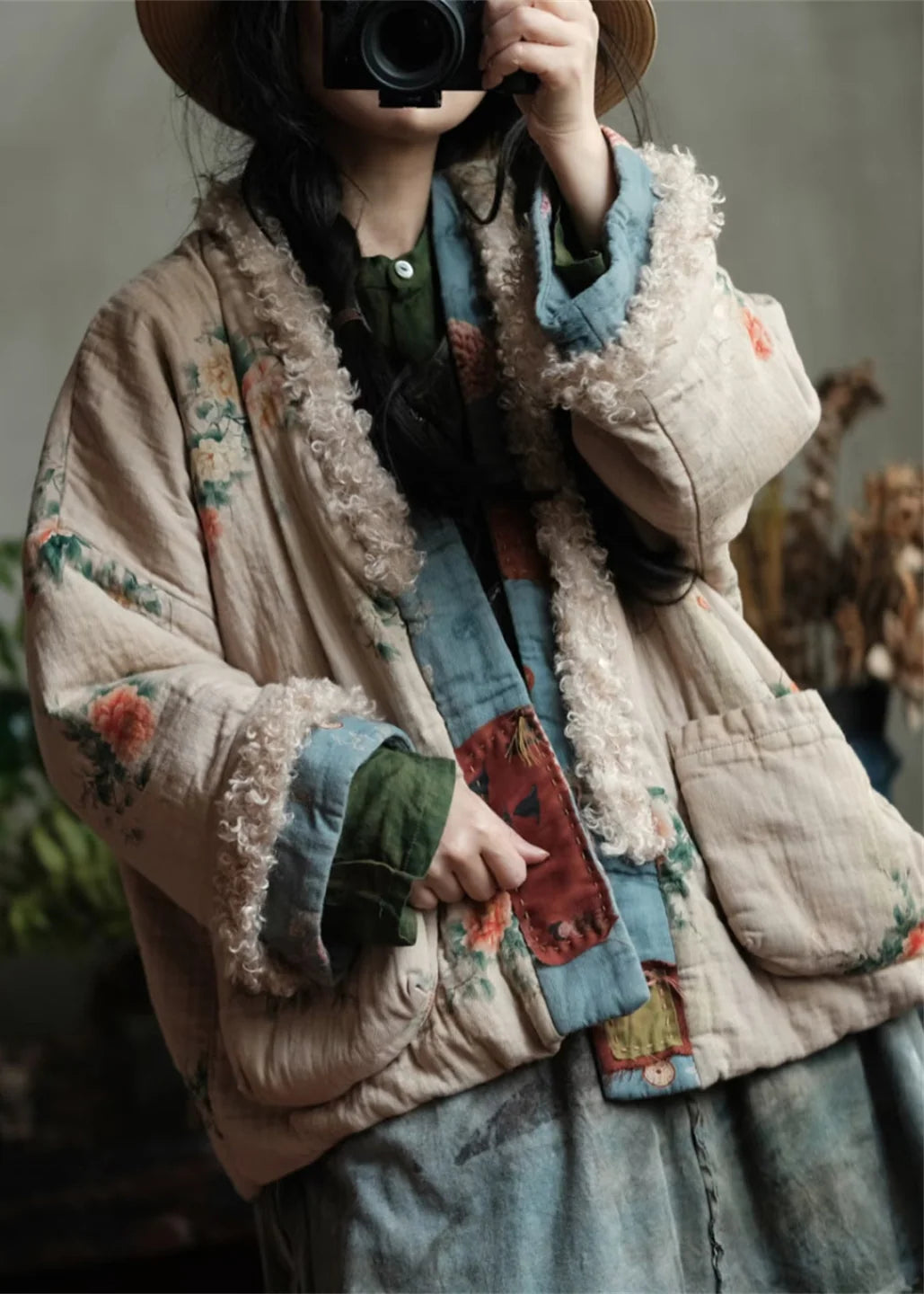 Women's Winter Jacket Boho Patchwork with Pockets 2