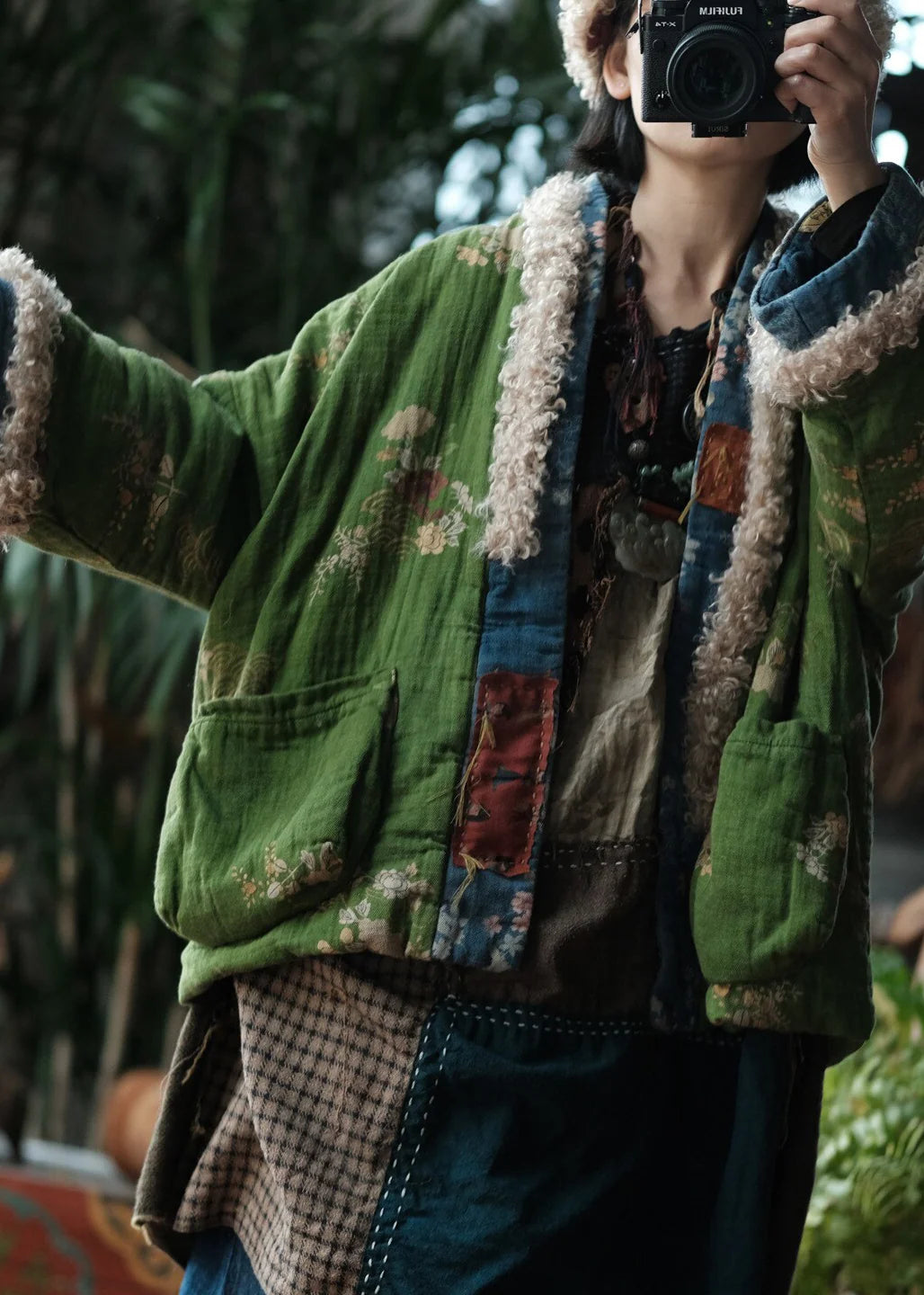 Women's Winter Jacket Boho Patchwork with Pockets 2