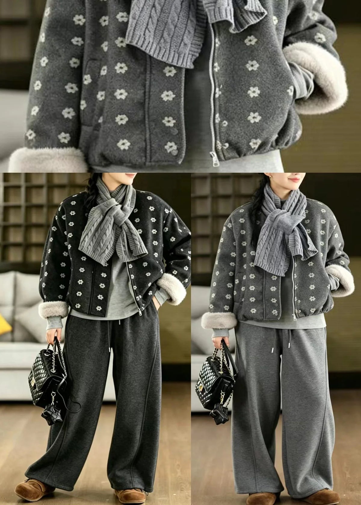 Women's Winter Jacket O-Neck Print with Scarf 4