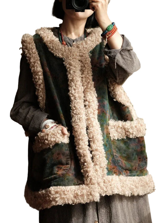 Women's Winter Vest Patchwork Corduroy with Faux Fur Pockets 0