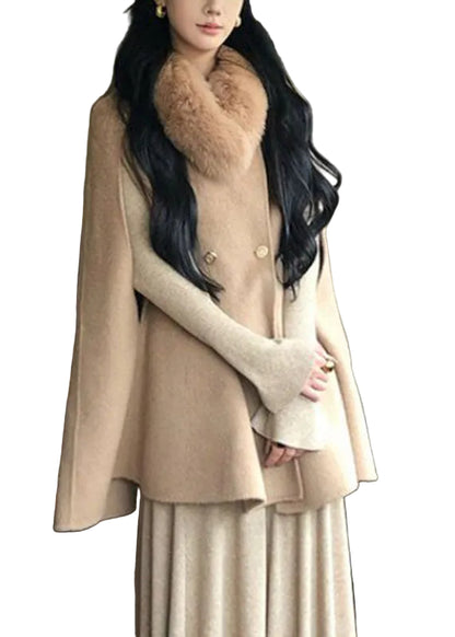 Women's Woolen Coat Patchwork Button Front with Fur Collar 1