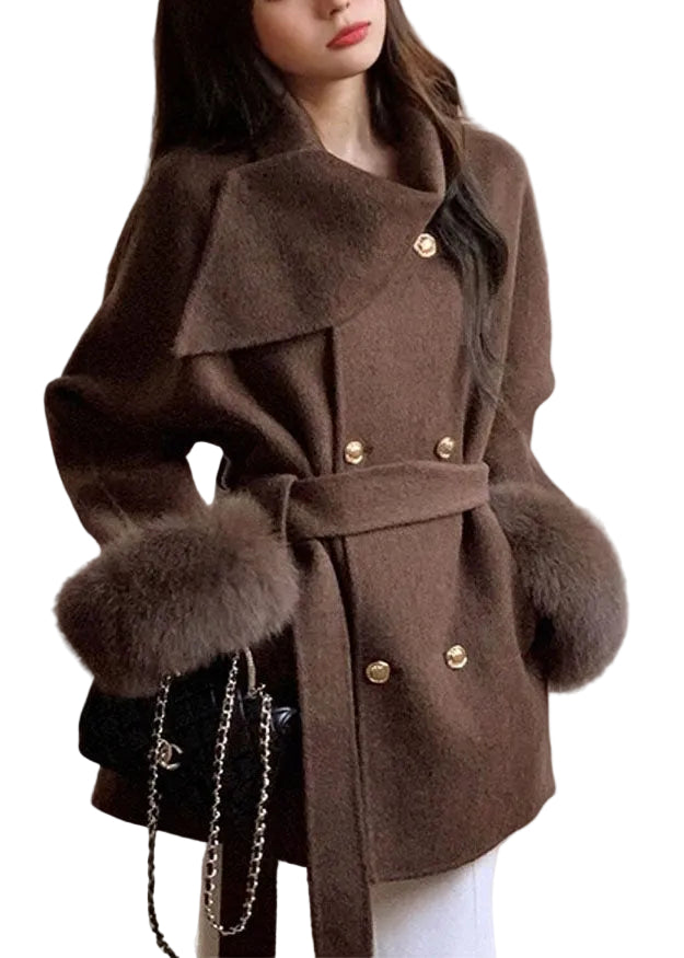 Women's Woolen Coat with Peter Pan Collar and Pockets Long Sleeve 0