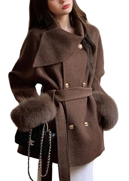 Women's Woolen Coat with Peter Pan Collar and Pockets Long Sleeve 0