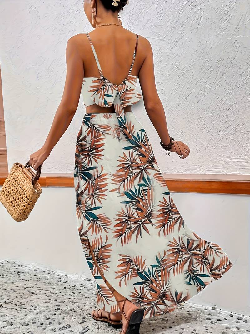 Women's 2-Piece Set with Leaf Pattern and Belly Free Cotton Top
