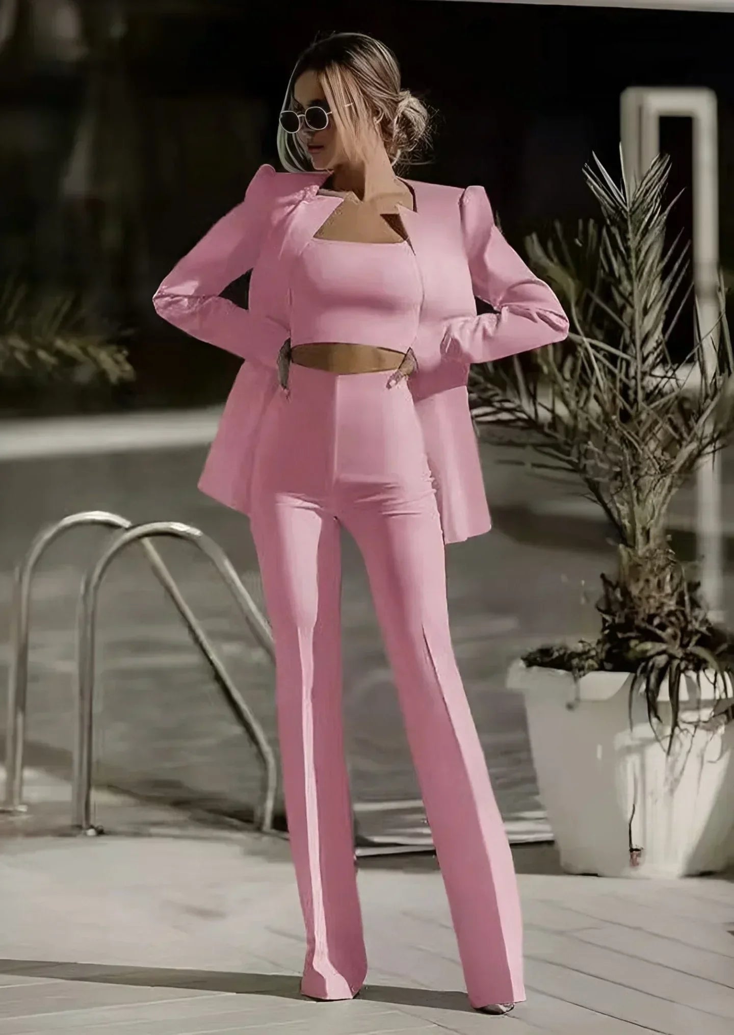 Women's 3-piece Set Blazer Top Trousers Cotton