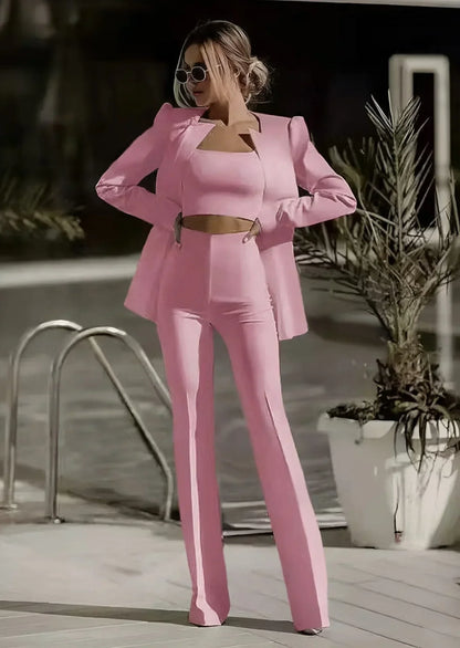Women's 3-piece Set Blazer Top Trousers Cotton
