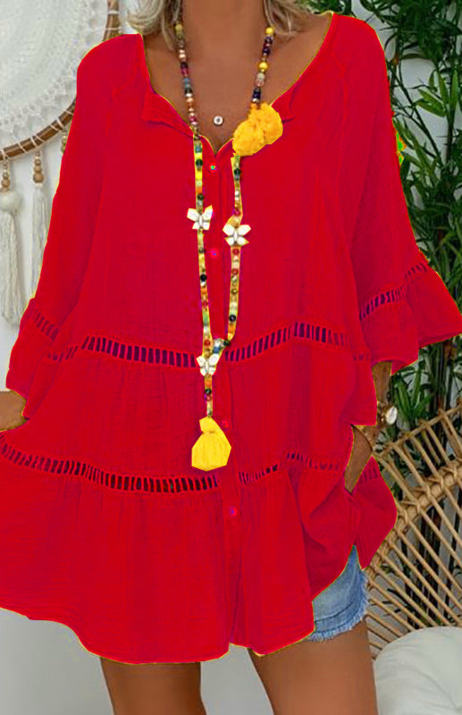 Women's 3/4 sleeve Top Dress -Neck Loose Buttons