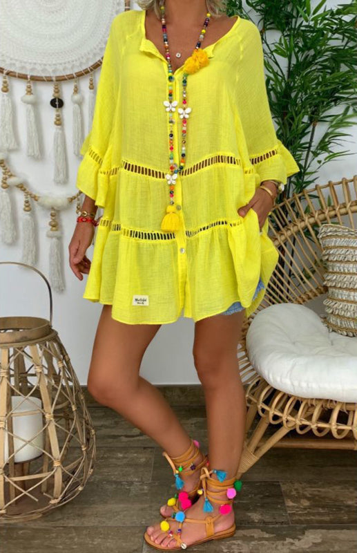 Women's 3/4 sleeve Top Dress -Neck Loose Buttons
